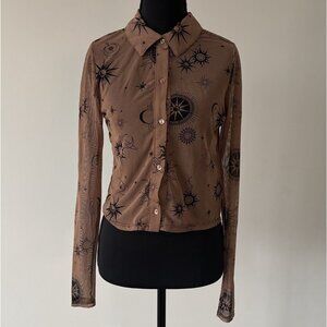 Rabbit Rose Celestial Button Up Sheer Top Women’s M Long Sleeve Whimsical Boho